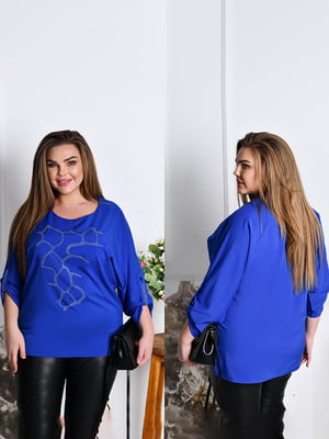 Жіноча стильна блузка кофта декорована стразами розмір: 52-54, 56-58, 60-62, 64-66 синій, 52/54 | 6253106