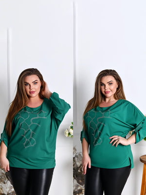 Жіноча стильна блузка кофта декорована стразами розмір: 52-54, 56-58, 60-62, 64-66 зелений, 52/54 | 6253107