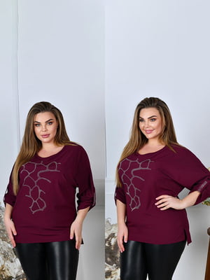 Жіноча стильна блузка кофта декорована стразами розмір: 52-54, 56-58, 60-62, 64-66 марсала, 52/54 | 6253110
