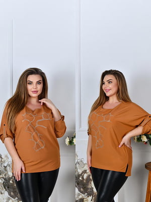 Жіноча стильна блузка кофта декорована стразами розмір: 52-54, 56-58, 60-62, 64-66 карамель, 52/54 | 6253112