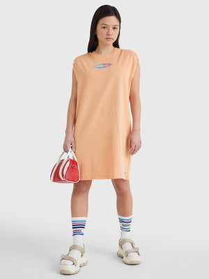 Платье-футболка оранжевое с принтом | 6256520