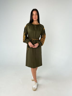 Сукня кольору хакі з вишивкою | 6273512