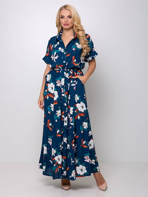 Сукня А-силуету синя з квітковим принтом | 6271709