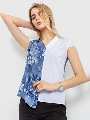 Блуза бело-синяя с цветочным принтом | 6280209
