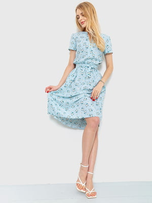 Платье А-силуэта голубое с цветочным принтом | 6280606