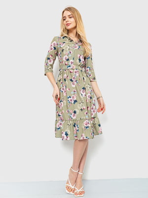 Платье А-силуэта оливковое с цветочным принтом | 6280692
