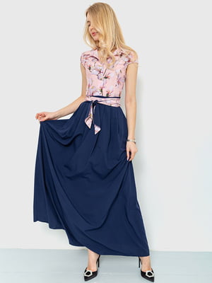 Платье А-силуэта розово-синее с цветочным принтом | 6280704