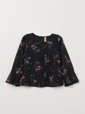 Блуза чорна з квітковим принтом та паєтками | 6286036