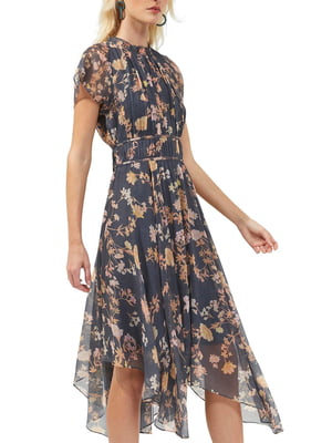 Платье А-силуэта серое с цветочным принтом | 6287099