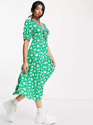 Платье А-силуэта зеленое с цветочным принтом | 6287133