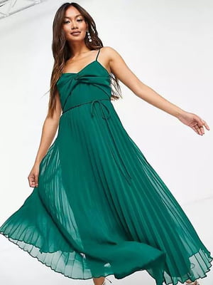 Зеленое платье-макси с плиссированной юбкой и оригинальным лифом | 6287870