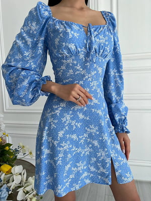 Платье А-силуэта голубое с принтом | 6298793