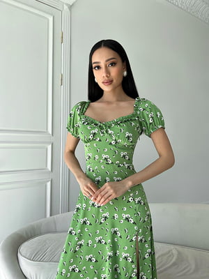 Платье А-силуэта зеленое в цветочный принт | 6298817