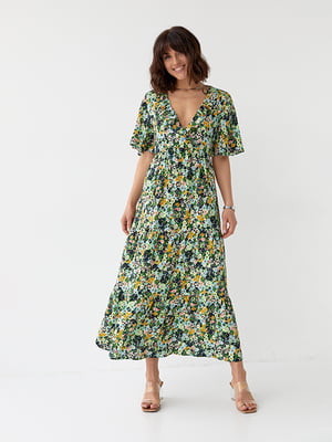 Сукня А-силуету зелена в квітковий принт | 6307560