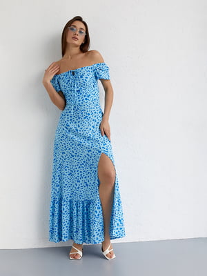 Платье А-силуэта голубое в принт | 6307646