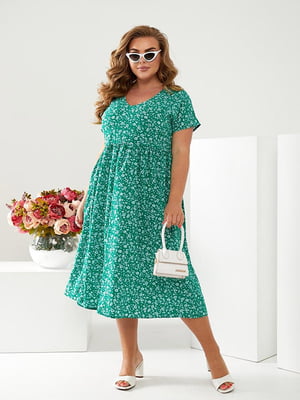Платье А-силуэта зеленое с цветочным принтом | 6325945
