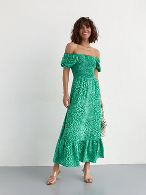 Платье А-силуэта зеленое с принтом | 6307914