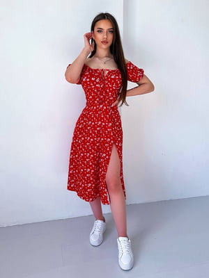 Платье А-силуэта красное в цветочный принт | 6327525
