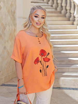 Блуза персикового кольору з принтом | 6327776