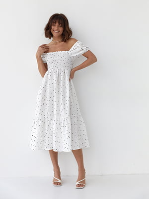 Сукня А-силуету біла у горошок з відкритими плечима | 6331256