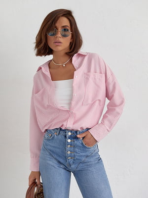 Рубашка розовая в полоску с удлиненной спинкой | 6331319