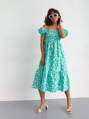 Сукня-А силуету смарагдового кольору в квітковий принт | 6331324