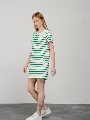 Платье-футляр бело-зеленое в полоску | 6331484