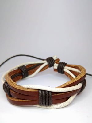 Кожаный плетеный браслет коричневый с белым шнурком | 6332786