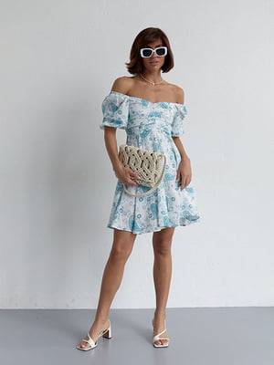 Сукня А-силуету бірюзового кольору з принтом та драпіруванням спереду | 6333044