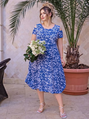 Платье А-силуэта синее с цветочным принтом | 6336771