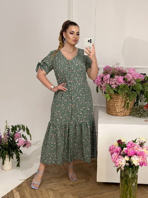 Платье А-силуэта зеленое с цветочным принтом | 6336792