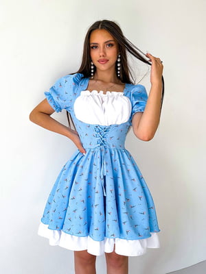 Платье А-силуэта голубое с цветочным принтом | 6336806