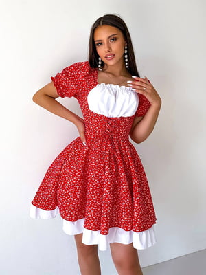 Платье А-силуэта красное с цветочным принтом | 6336807