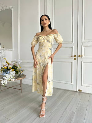 Сукня А-силуету жовта з квітковим принтом | 6336831