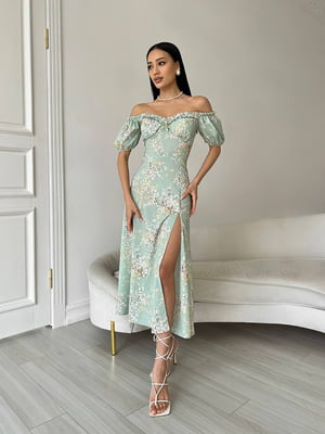 Платье А-силуэта оливковое с цветочным принтом | 6336832