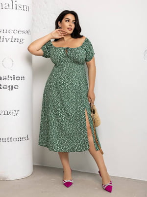 Платье А-силуэта зеленое с цветочным принтом | 6336879