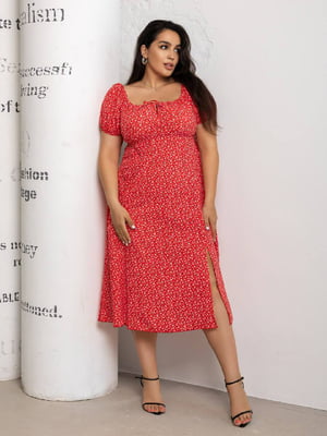 Платье А-силуэта красное с цветочным принтом | 6336882