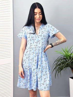 Платье А-силуэта голубое с цветочным принтом | 6366837
