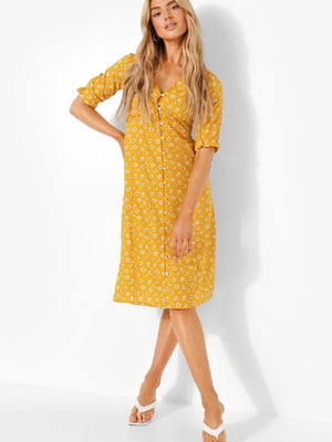 Платье А-силуэта желтое с цветочным принтом | 6375452