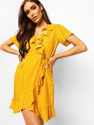 Платье А-силуэта желтое в горох | 6375957