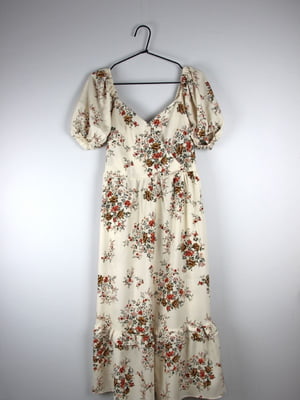 Платье А-силуэта бежевое с цветочным принтом | 6375997