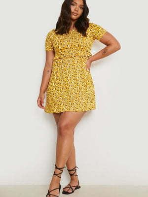 Платье А-силуэта желтое с цветочным принтом | 6376069