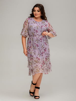 Платье А-силуэта сиреневое с цветочным принтом | 6382557