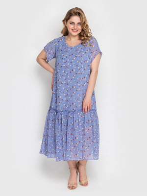 Платье А-силуэта голубое с цветочным принтом | 6382585