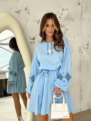 Сукня блакитна з вишитим орнаментом лляна | 6388048