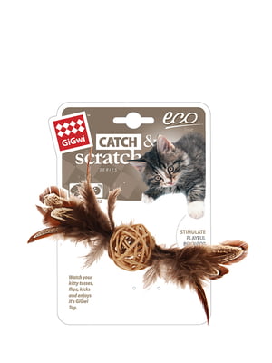 Игрушка для котов Catch&scratch Плетеный мячик с колокольчиком и перьями, перо, дерево, 13 см | 6389321