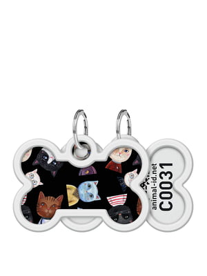 Адресник для собак і котів металевий з QR паспортом, малюнок "Коти", кістка, 40х28 мм | 6389364