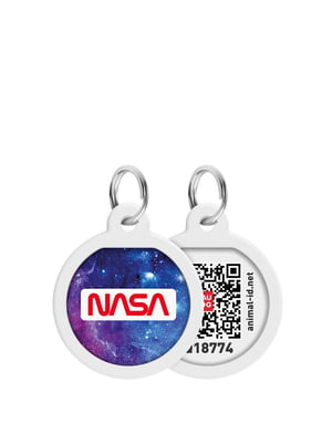 Адресник для собак і котів металевий Smart ID c QR паспортом, преміум, малюнок "NASA21", діаметр 25 мм | 6389368