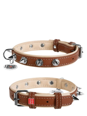 Кожаный ошейник для собак Soft с шипами коричневый верх 30-39 см 20 мм | 6390743