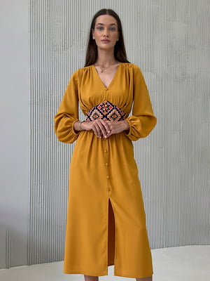Сукня А-силуету гірчичного кольору з орнаментом | 6396929